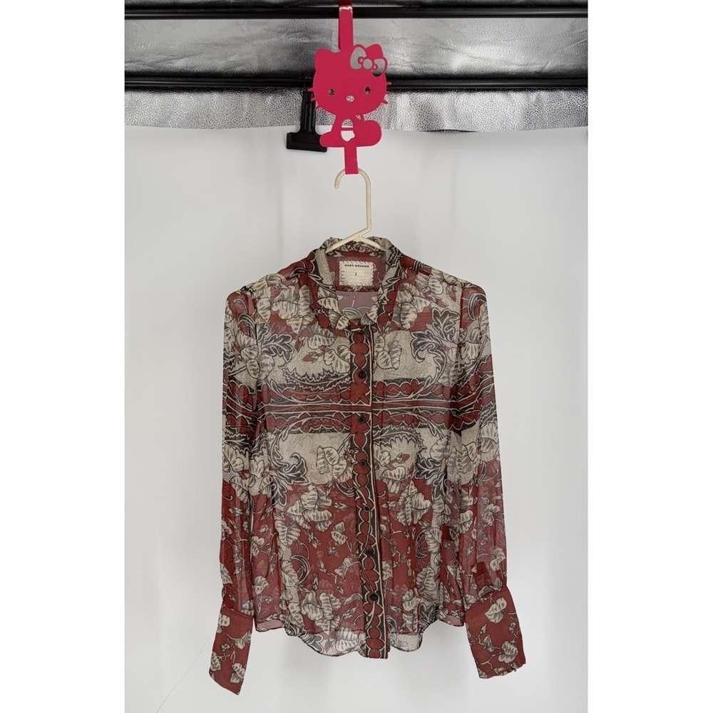 Gary Graham 100% Silk Sheer Floral Button Front Blouse Red‎ Boho Size 2